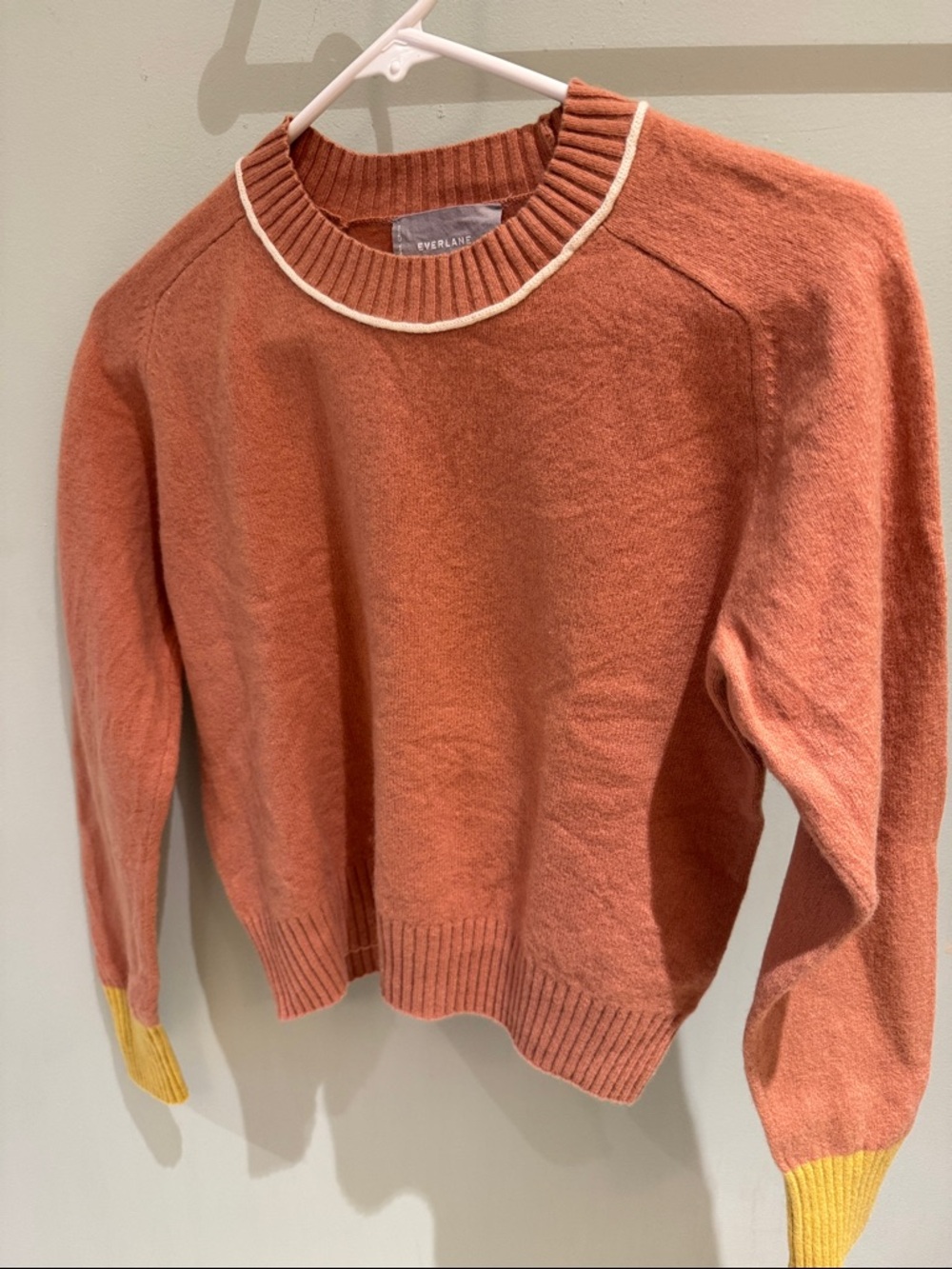 Everlane Women's Burnt Orange Crewneck Sweater with Yellow Cuff Detail